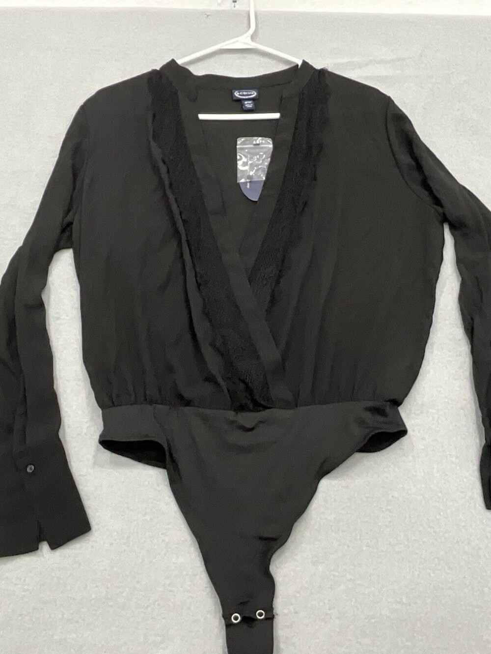 Scoop Bodysuit Womens Medium Black Lace Trim Long Sleeve V Neck NWT
